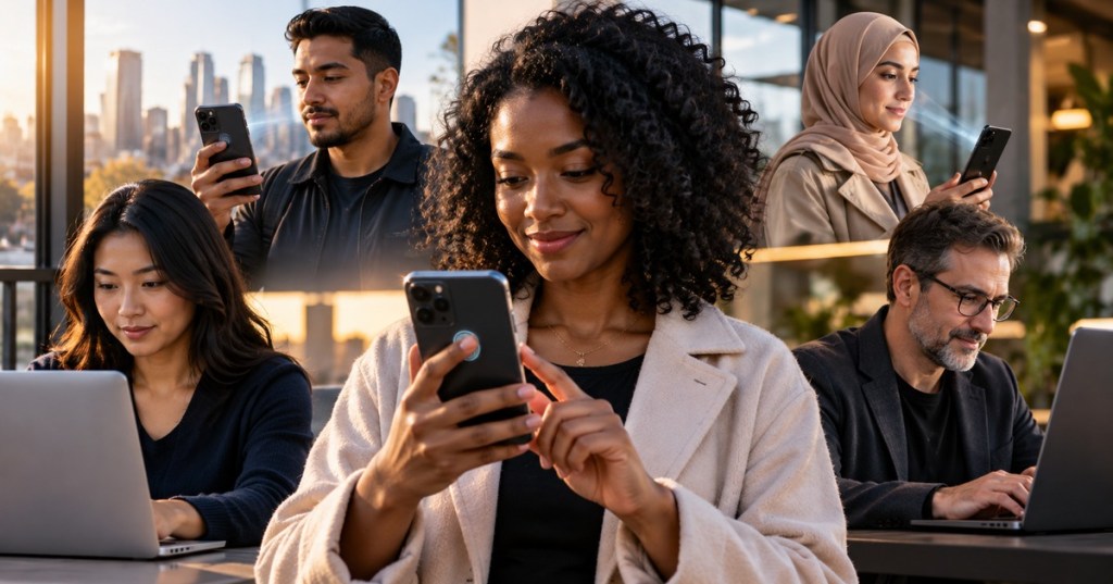 Photorealistic editorial image of diverse people using fingerprint, face unlock and device security on phones and laptops