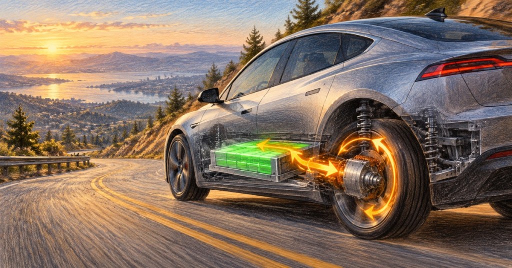 Colored-pencil editorial illustration of an electric car recovering braking energy into its battery while descending a mountain road.