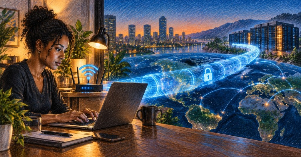Color-pencil illustration of a Black woman using a laptop while an encrypted network tunnel connects her device to a distant data center.