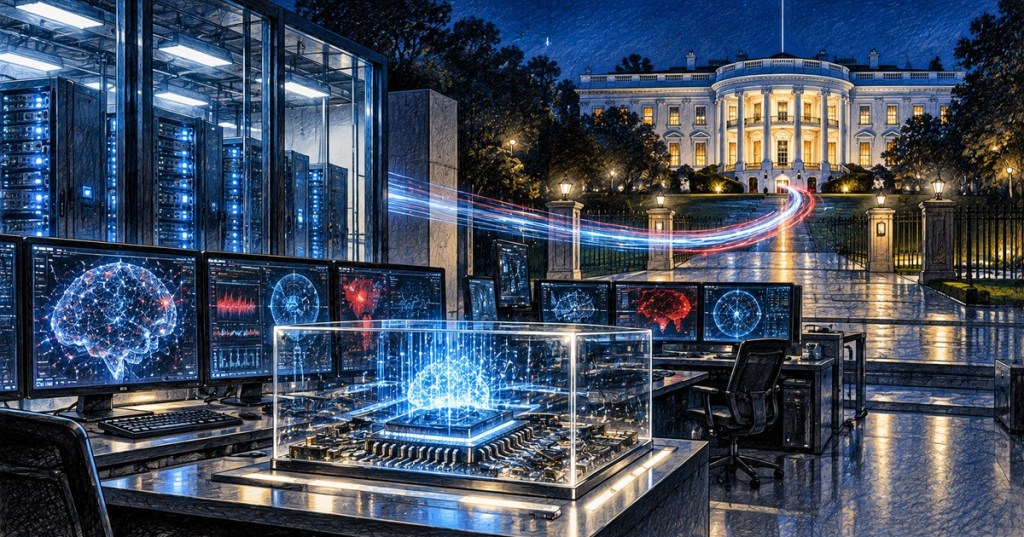 Illustration of federal AI evaluation systems and data flowing toward the White House, representing centralized AI testing oversight.