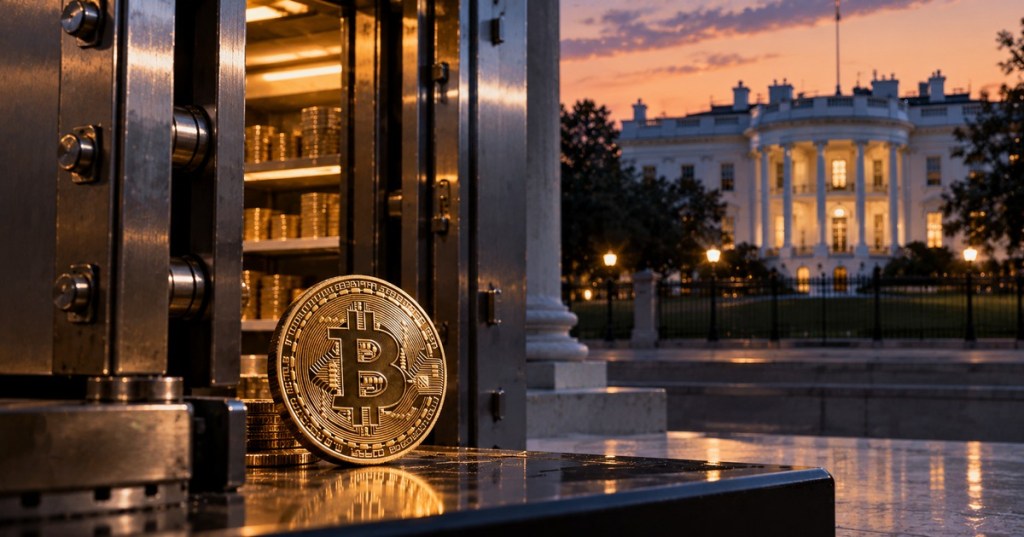 Realistic editorial image of a secured Bitcoin reserve vault with the White House in the background at dusk.