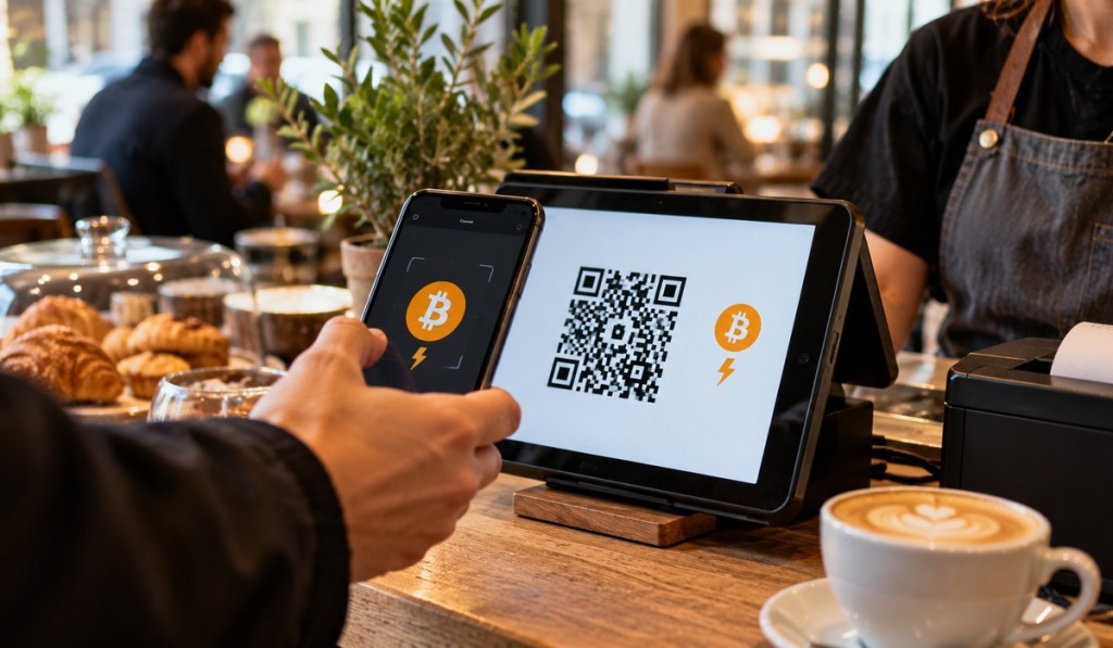 Photorealistic café scene showing a smartphone making a Bitcoin Lightning QR payment at a point-of-sale terminal