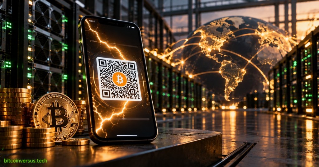 Photorealistic editorial image of a Bitcoin Lightning QR payment on a smartphone inside a global data center