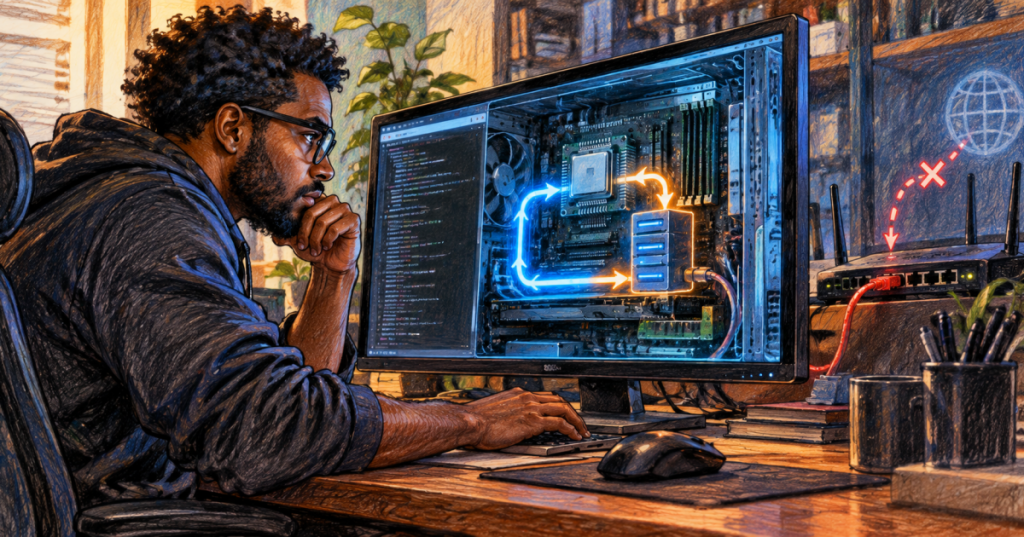 Realistic colored-pencil illustration of a systems engineer studying localhost traffic looping inside a computer instead of traveling to the internet