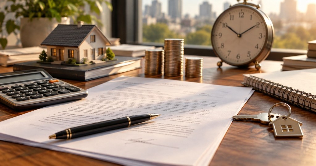 Editorial photograph of loan documents, house keys, a calculator, coins and a clock representing the price of borrowing money.