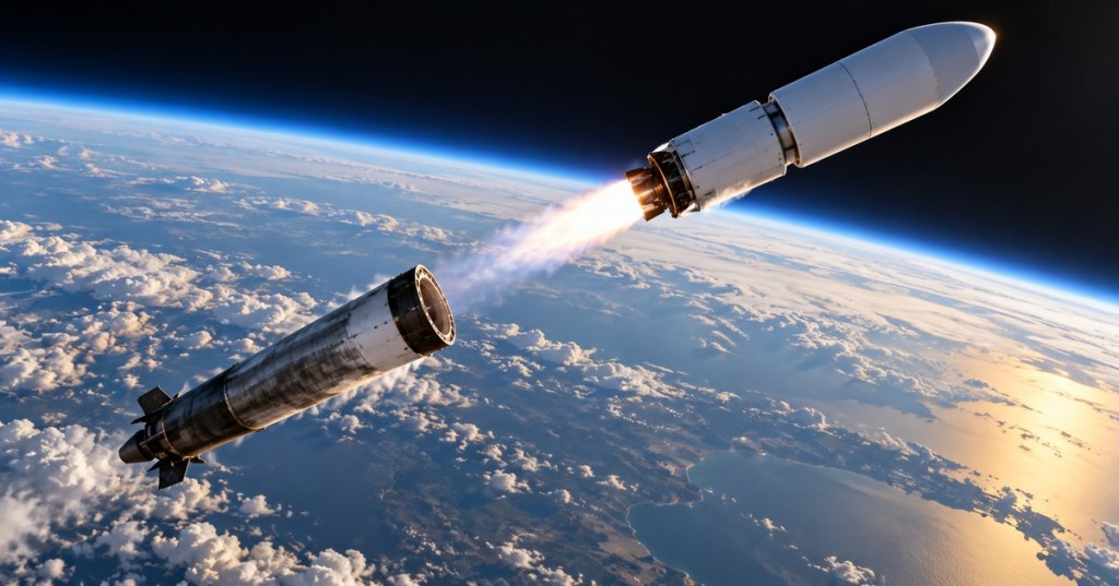 Photorealistic rocket stage separation above Earth, with an upper stage firing while the spent booster falls away.