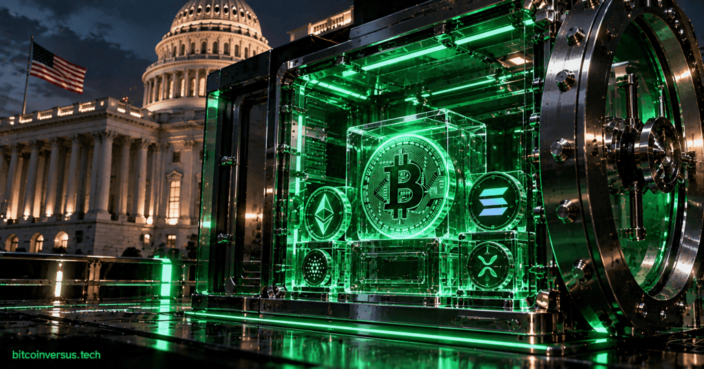 Conceptual green-lit digital asset custody vault near the U.S. Capitol holding Bitcoin and crypto assets
