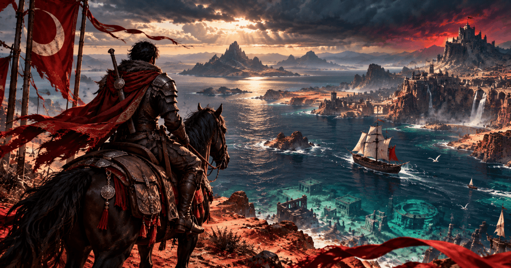 Fantasy rider overlooking a crimson coastal landscape with ships, underwater ruins and distant fortresses, inspired by Crimson Desert's Charting the Unknown expansion.
