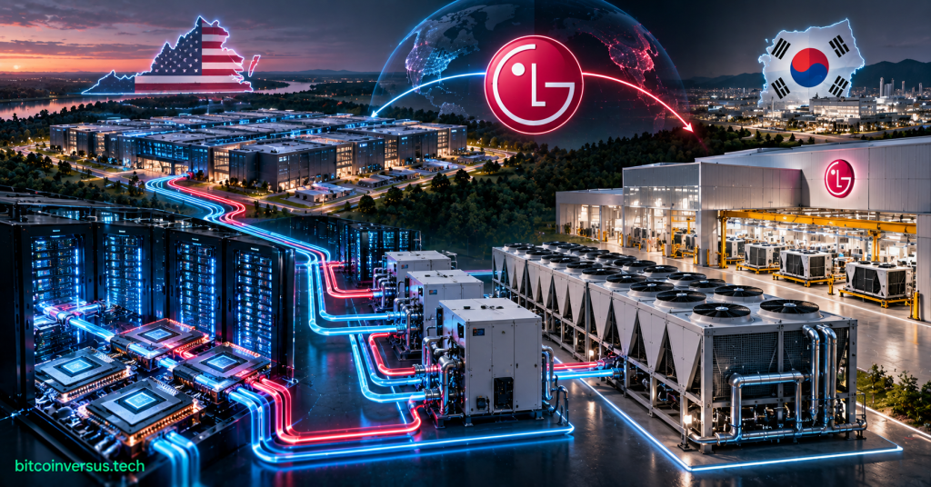 Cinematic diagram showing AI server racks, coolant loops, CDU equipment and large air-cooled chillers flowing into an LG manufacturing plant, with Virginia and South Korea motifs.