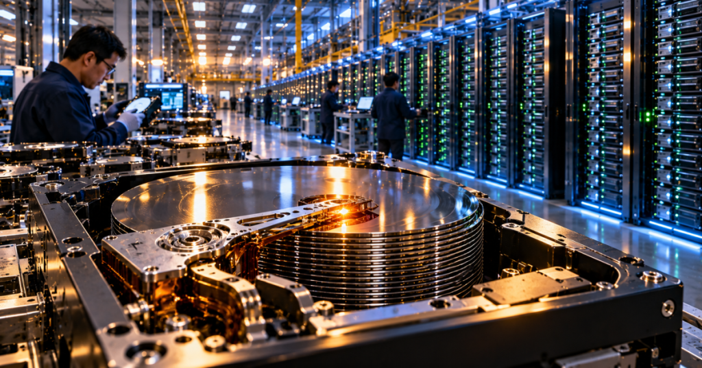 Original story-specific cinematic illustration of HDD platters, data center storage arrays and manufacturing engineers. Conceptual, not a Seagate facility photograph.