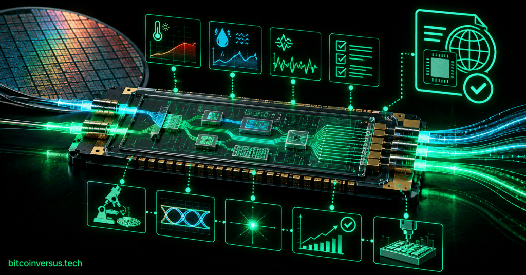 Neon black and green silicon photonics reliability diagram showing an optical chip, fiber links, test panels, qualification checks and semiconductor manufacturing controls.