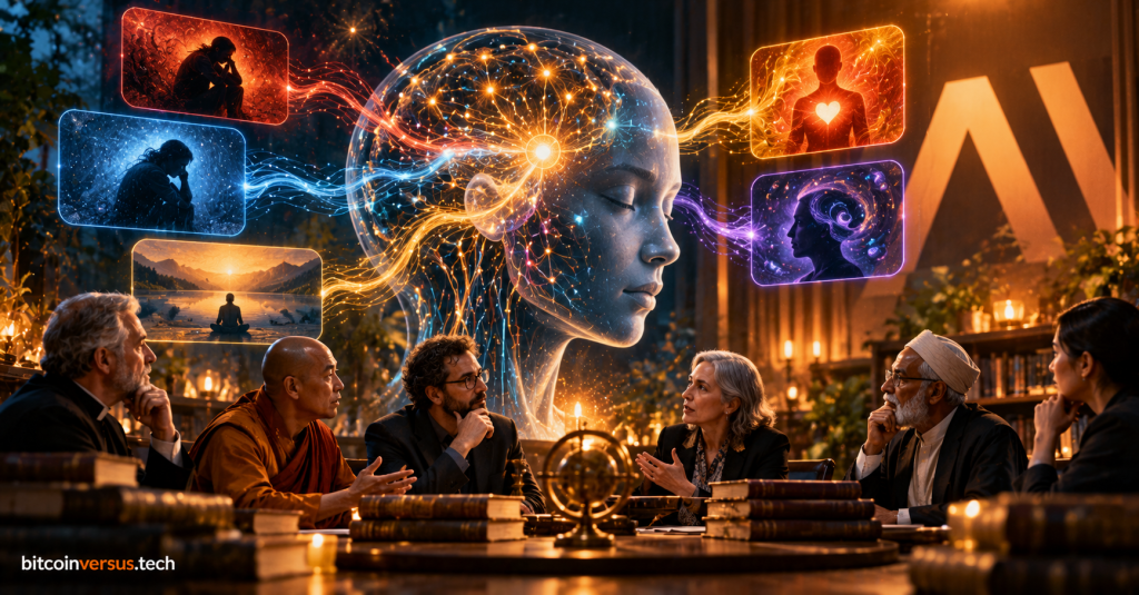 Religious scholars and philosophers discussing AI consciousness around a glowing neural AI figure with emotion-like activation patterns