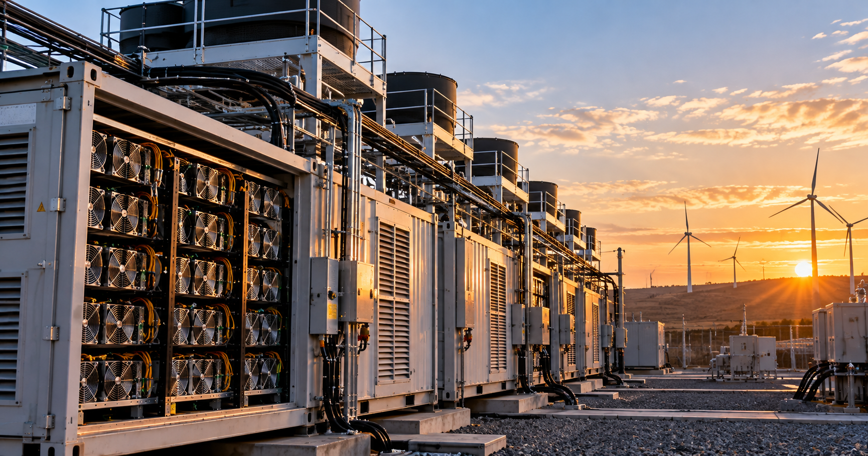 A large Bitcoin mining facility with modular mining containers and wind turbines at sunset.
