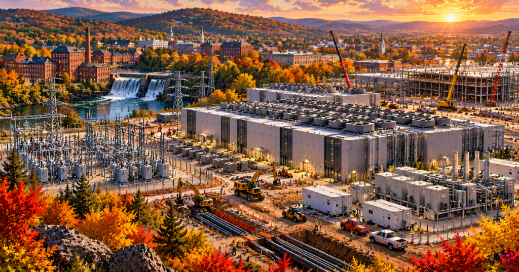 Detailed original anime Connecticut energy and data center editorial illustration; fictional campus