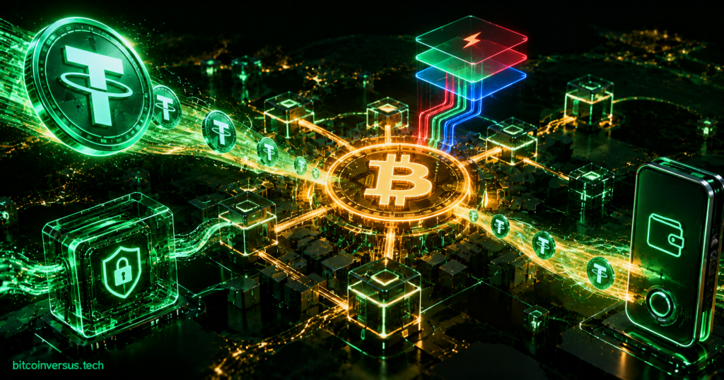 Conceptual neon illustration of Tether USDT flowing into Bitcoin through private payment and Lightning-style network layers