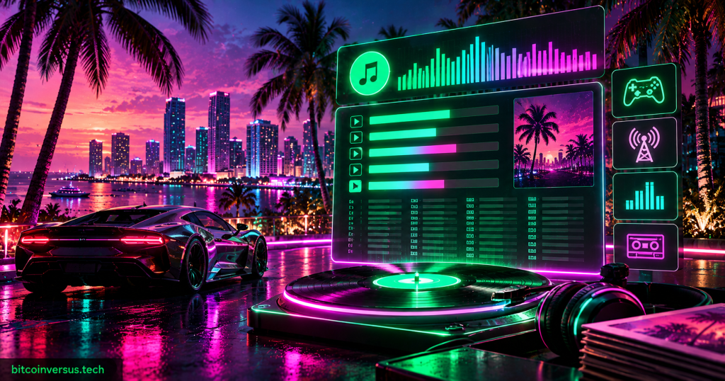 Neon Vice City-inspired waterfront with a sports car, turntable, playlist interface, radio icons, and music visualization for a GTA 6 soundtrack story