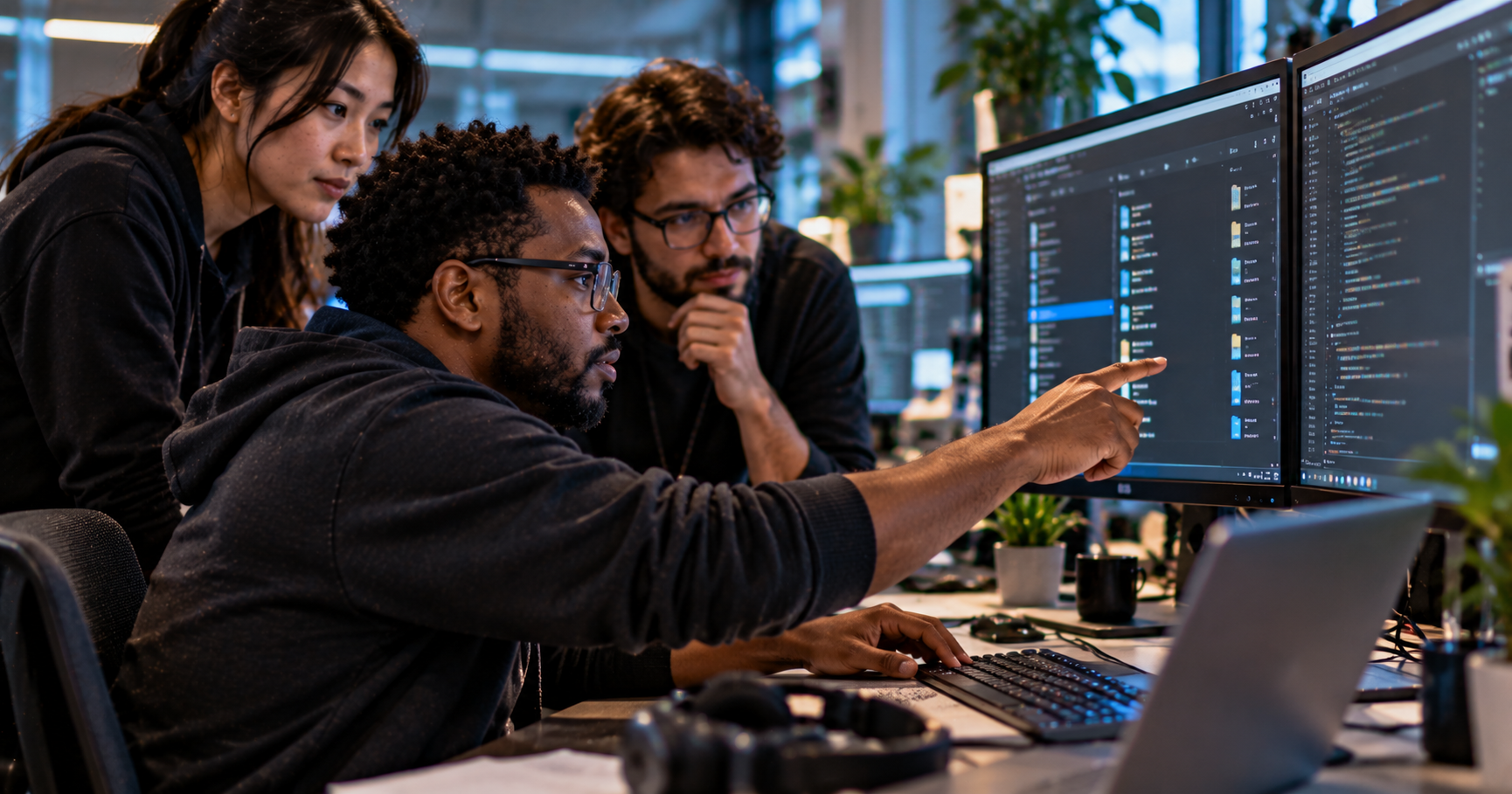 Photorealistic developers reviewing Linux file-management and code changes across multiple monitors.