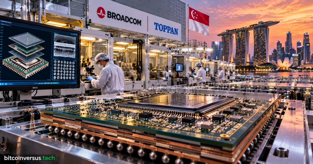 Editorial illustration of Singapore semiconductor manufacturing with a multi-layer FC-BGA AI chip substrate, Broadcom and TOPPAN branding, Singapore flag and Marina Bay skyline