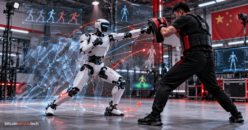 Humanoid robot sparring autonomously with a padded trainer while predictive motion trajectories and world-model visualizations appear around it