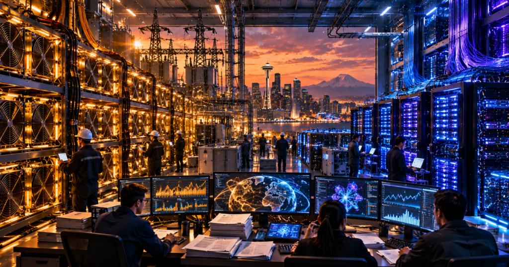 Cinematic editorial illustration contrasting Bitcoin ASIC mining with AI server infrastructure and Seattle's skyline, concept artwork not an actual Luxor site