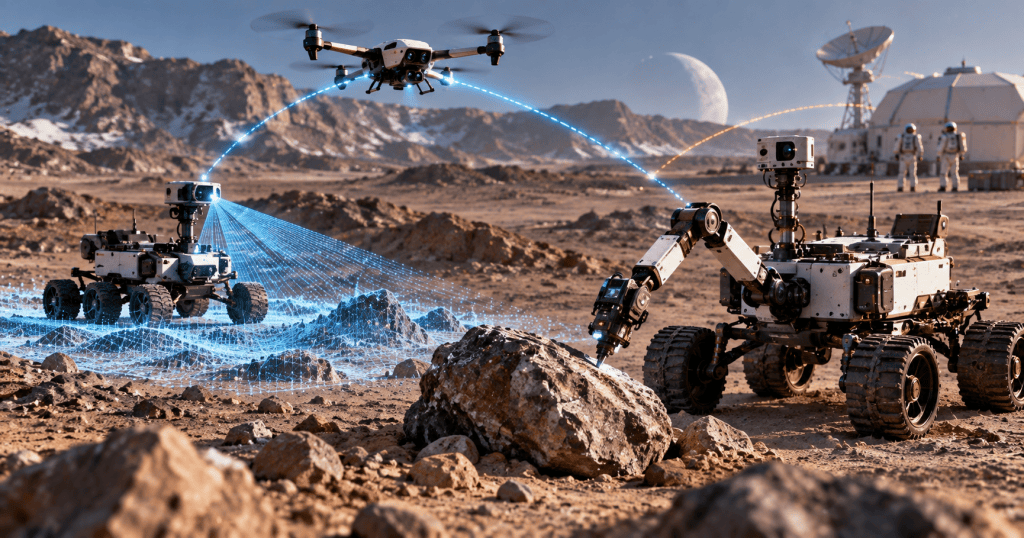 Conceptual autonomous exploration fleet with a scouting drone, mapping rover, and sampling rover coordinating on a planetary landscape.