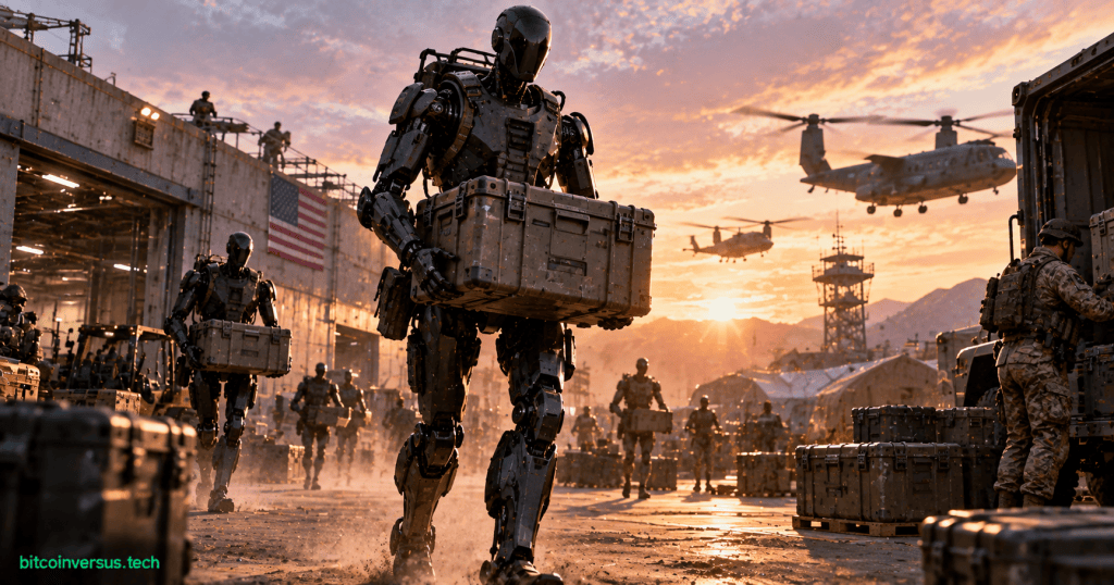 Conceptual illustration of a black humanoid robot carrying military logistics cargo at a forward operating base