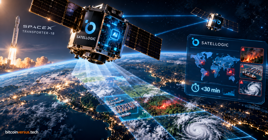 Satellogic-style Earth observation satellites using onboard AI and inter-satellite links above Earth with a SpaceX Transporter-18 launch in the background