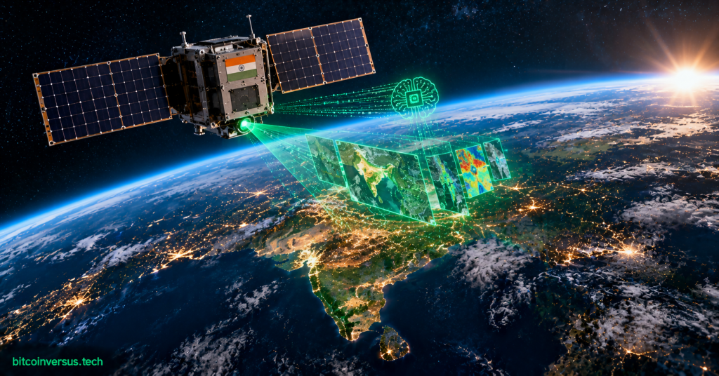 Conceptual illustration of India's MOI-1A orbital AI computing satellite processing Earth observation data above India