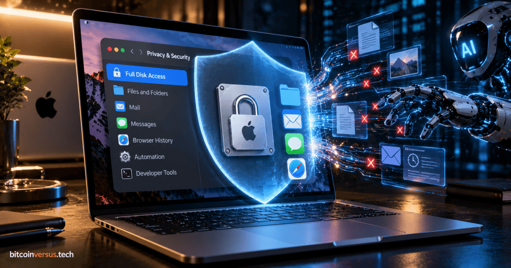 Mac privacy and security panel showing Full Disk Access protected by a digital shield from an AI agent