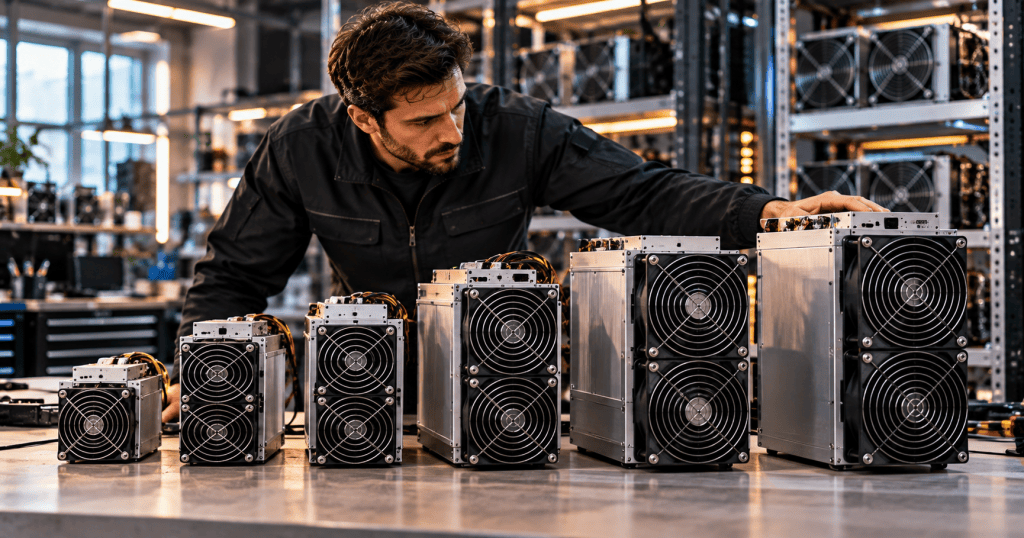 Air-cooled ASIC miners of different sizes arranged on a workbench in a mining workshop