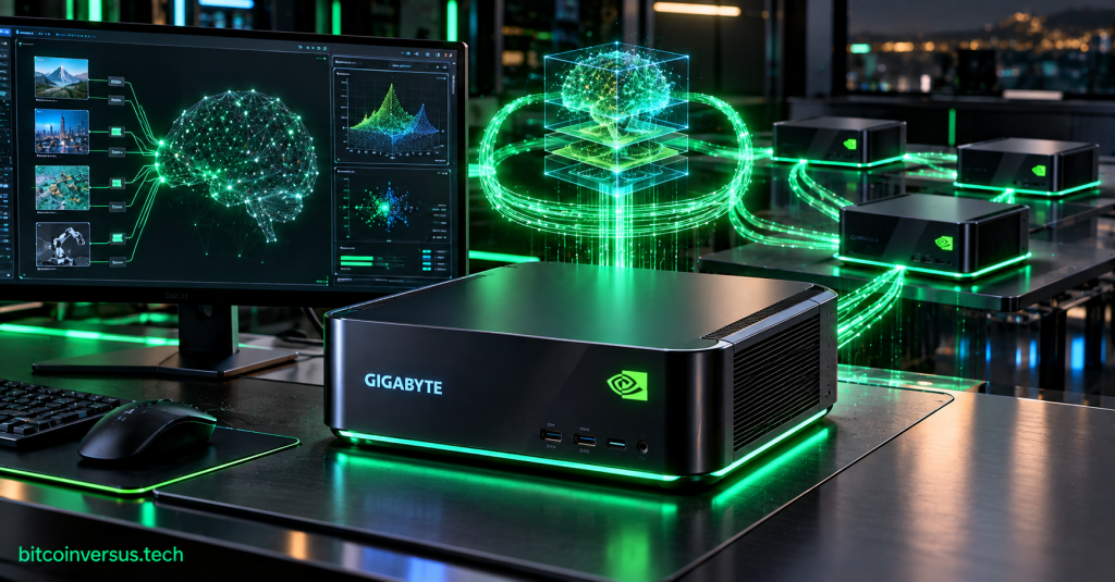 Neon black and green desktop AI lab showing a compact GIGABYTE NVIDIA local AI workstation connected to multiple compute nodes and neural-network interfaces.