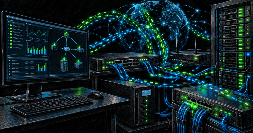 Color-pencil illustration of a network monitoring workstation, switches, routers, servers and global packet paths, representing SNMP operating over TCP/IP networks.