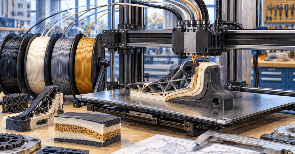 Illustration of a multi-material 3D printer producing a layered engineering part from several polymer filaments.