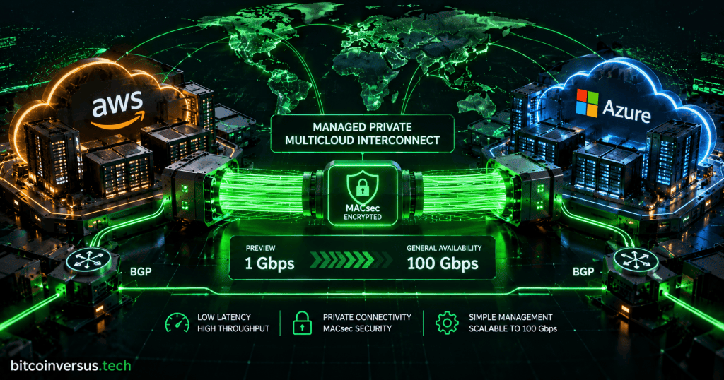 Neon technical illustration of AWS and Microsoft Azure connected by a managed private encrypted multicloud network with BGP routing and a roadmap from 1 Gbps preview to 100 Gbps general availability