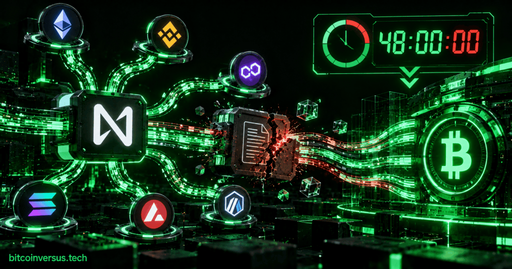 Neon blockchain network illustrating the NEAR Intents exploit, Bitcoin fund movement and a 48-hour return deadline