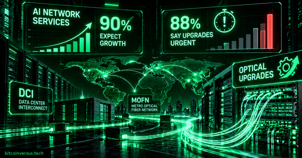 Neon green AI networking infographic showing 90% expect growth, 88% say upgrades urgent, and optical data center interconnect infrastructure