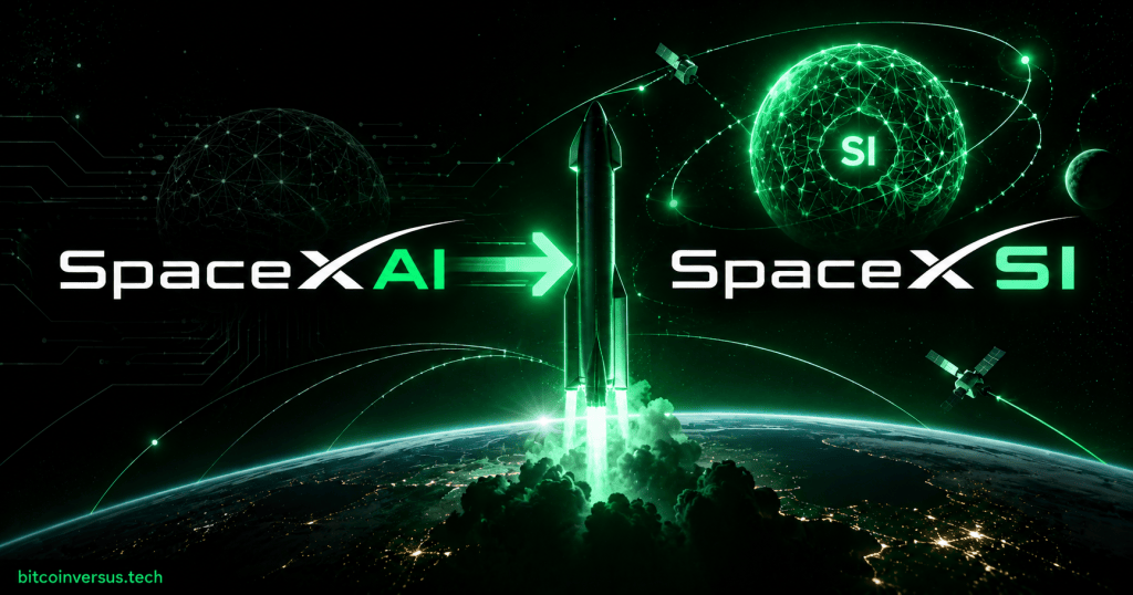 Neon green SpaceXAI to SpaceXSI transition above Earth with a rocket, satellites, and super intelligence network visualization