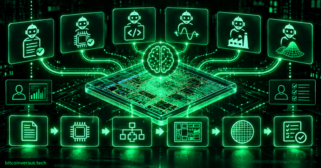 Neon green semiconductor design workflow with AI agents coordinating verification, coding, analog design, manufacturing and simulation around a processor die