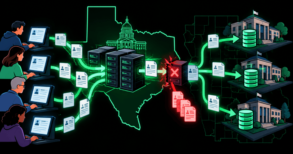 Minimal black and neon-green technical illustration of Texas voter-registration records moving through a software data pipeline with one disrupted processing node.