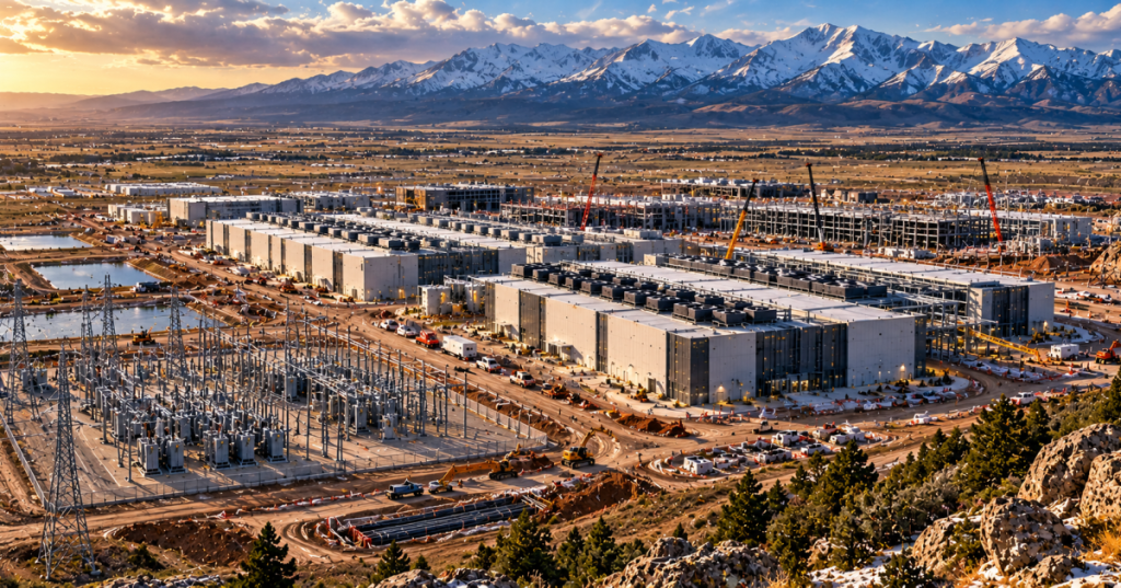 Conceptual editorial photograph of a proposed Colorado high-plains data center campus; not a real project photo