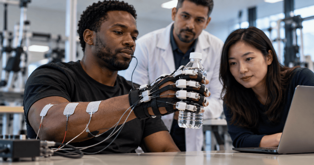 Photorealistic rehabilitation robotics lab scene showing a person using a soft hand exoskeleton with forearm stimulation electrodes to grasp a bottle.
