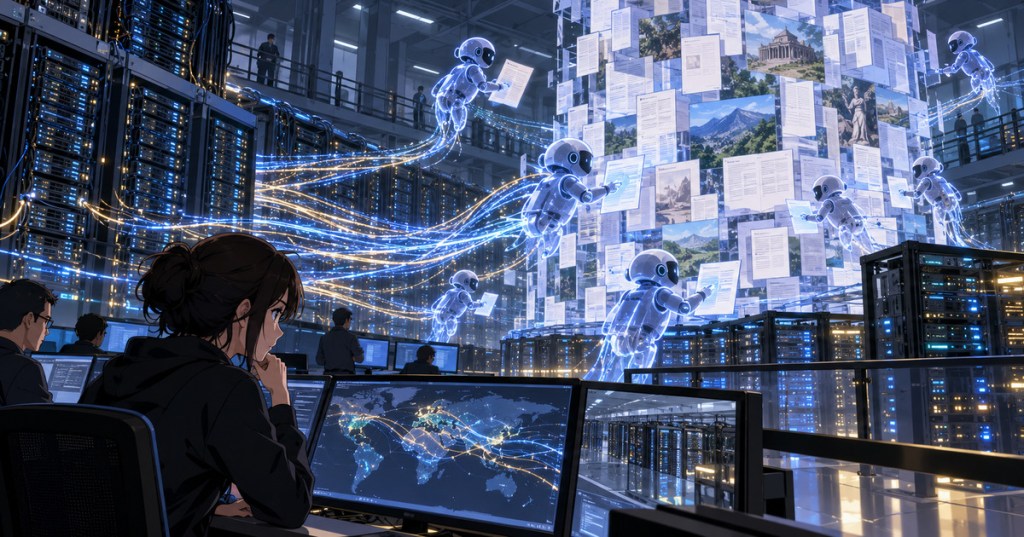 Anime-style editorial scene of autonomous AI agents interacting with open-knowledge servers under defensive monitoring.