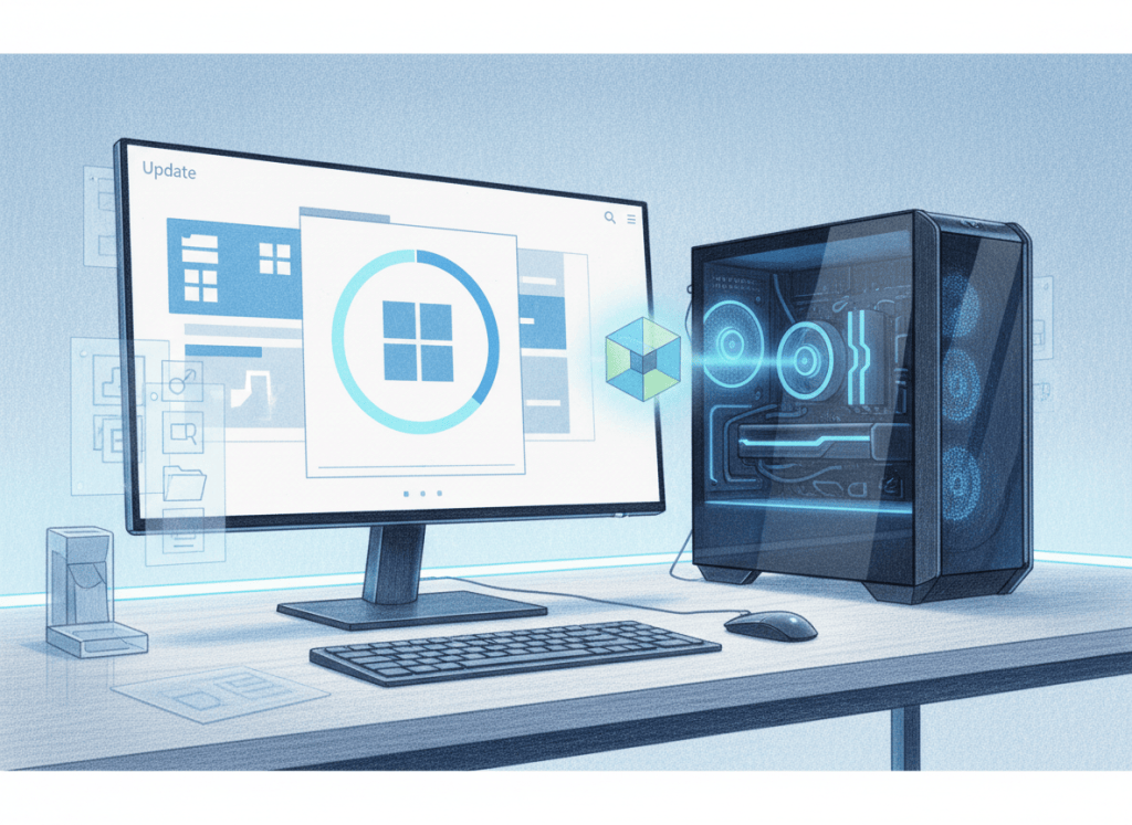 Color-pencil illustration of a Windows 11 PC receiving a lightweight enablement-package update and single restart.
