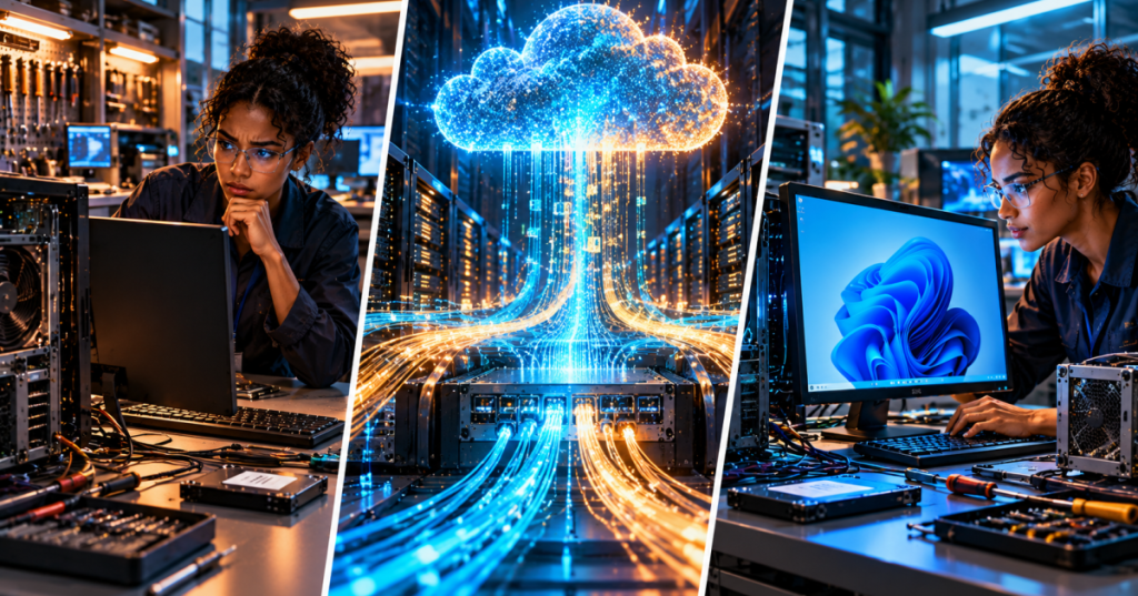 Three-panel illustration showing a Windows technician troubleshooting a broken desktop, cloud recovery data, and a successfully restarted PC
