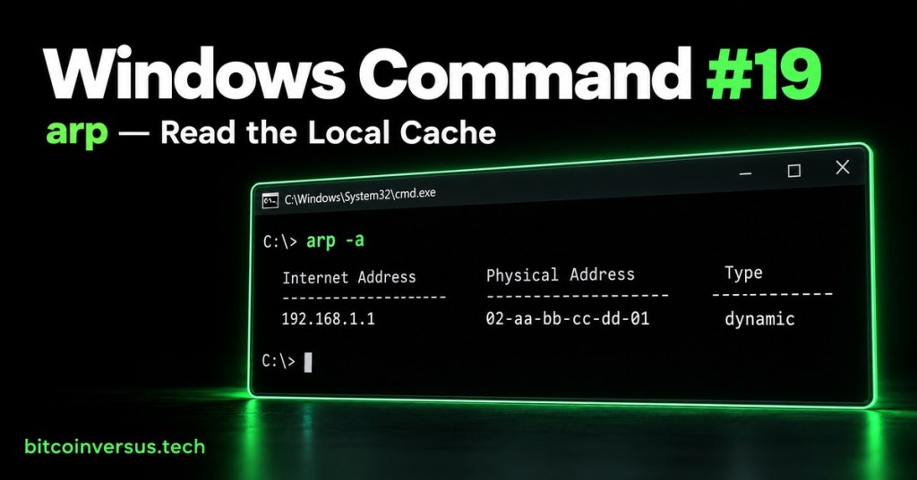 A minimal neon-green Windows terminal showing arp -a and a sample local IPv4-to-MAC cache entry.