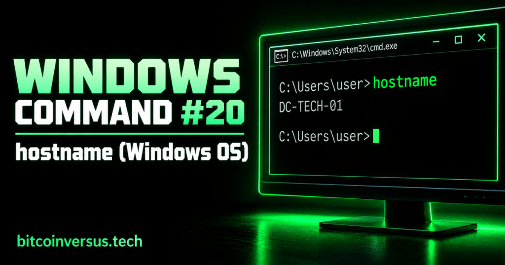 Black and neon-green Windows Command 20 hostname cover showing Command Prompt returning a computer name