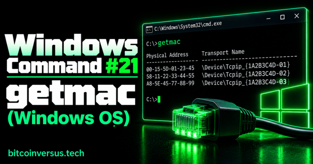 Black and neon-green Windows getmac command cover showing MAC addresses in Command Prompt