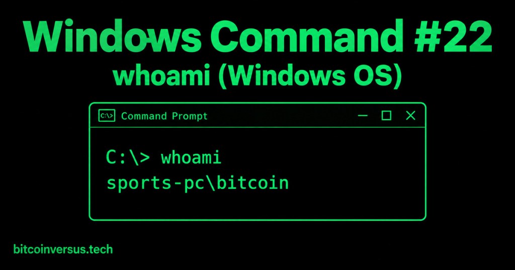 Black and neon-green Windows whoami cover showing the fictional sports-pc bitcoin account.