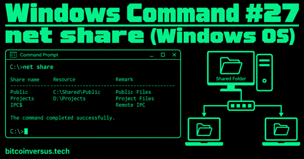 Black and neon-green Windows Command #27 net share cover showing Command Prompt shared resources and network folders