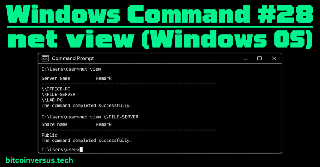 Windows Command #28 net view cover showing a light-text-on-black Windows Command Prompt with net view and net view FILE-SERVER examples